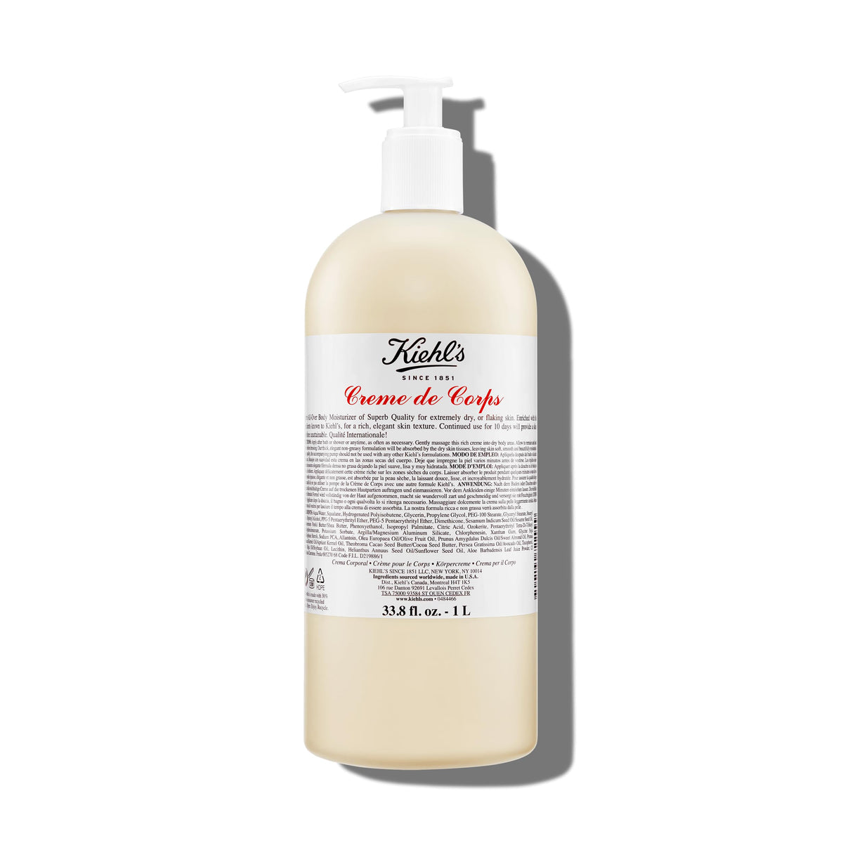 Kiehl's Crème de Corps Body Lotion 1L pump front view