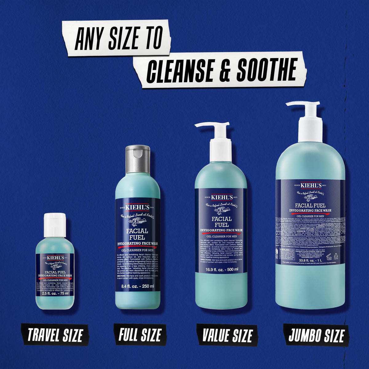 Kiehl's Facial Fuel Men's Energizing Face Wash alongside other skincare products
