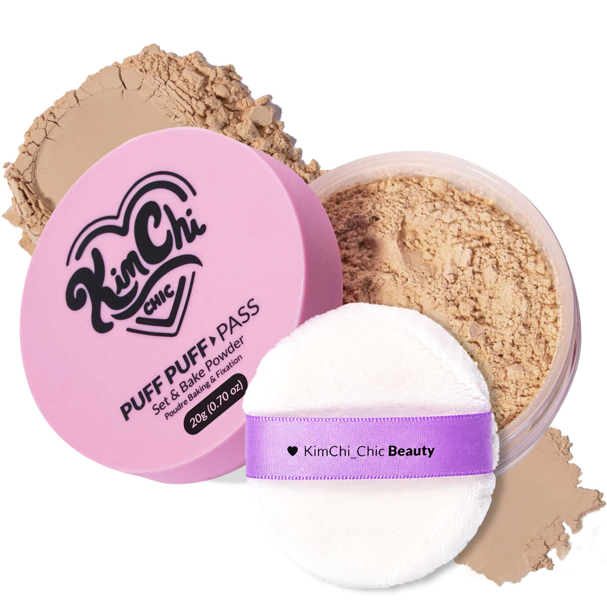 Kimchi Chic Puff Puff Pass Loose Setting Powder front view with peachy powder