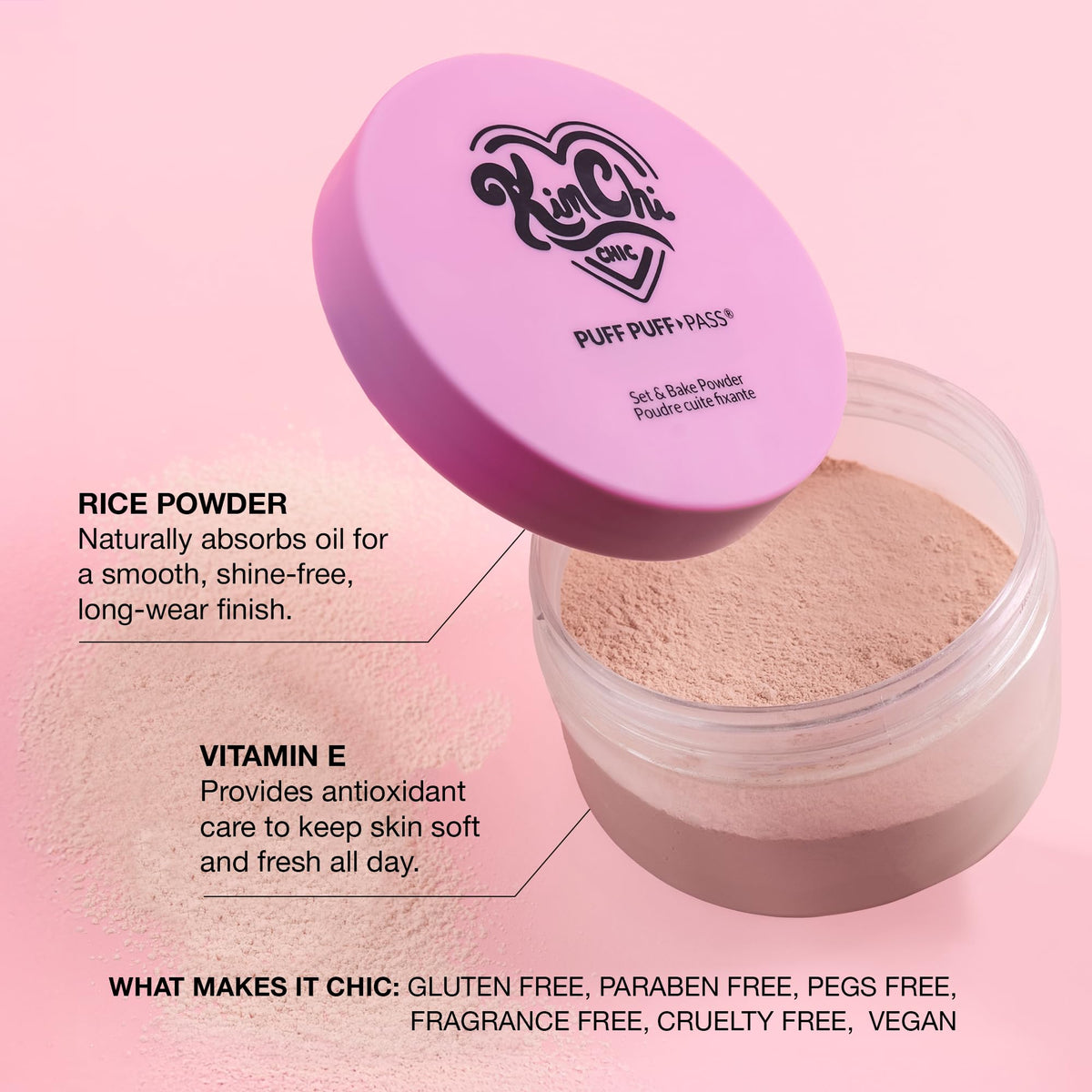 Kimchi Chic Puff Puff Pass Setting Powder displayed with other makeup products