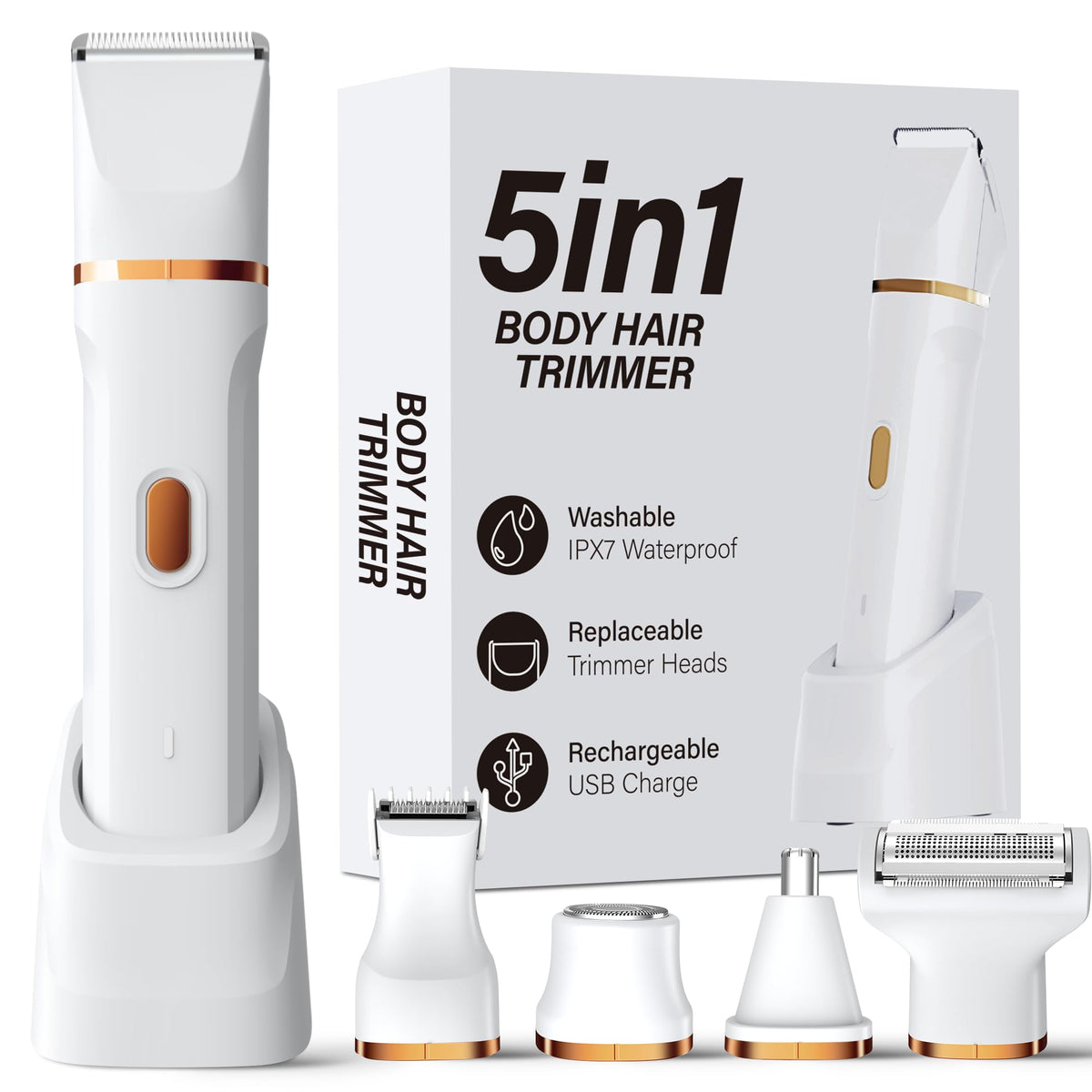 KINGTEE 5-in-1 Electric Bikini Trimmer front view with white finish