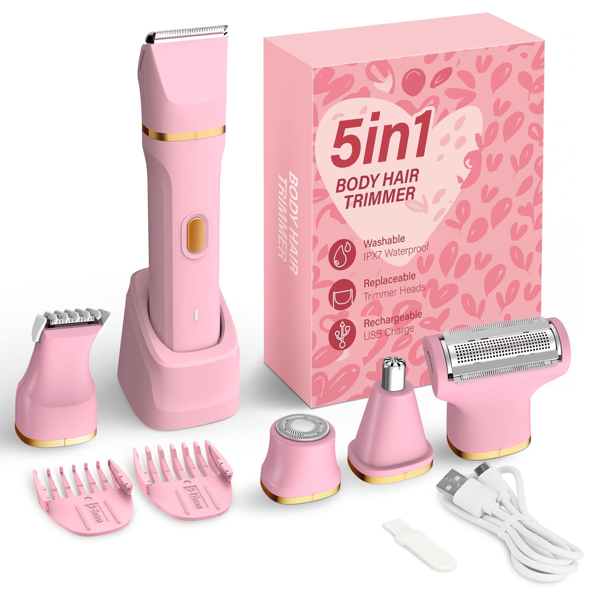 KINGTEE 5-in-1 Electric Bikini Trimmer in pink with attachments