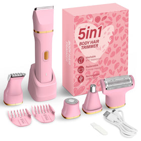 KINGTEE 5-in-1 Electric Bikini Trimmer in pink with attachments