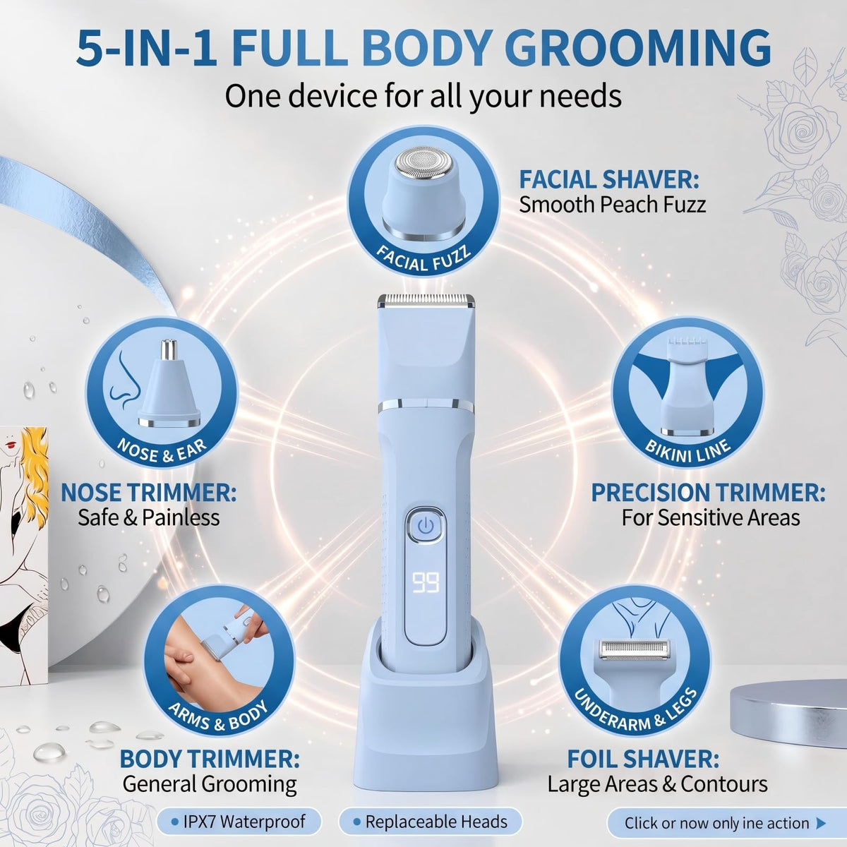 KINGTEE Bikini Trimmer with multiple attachments laid out