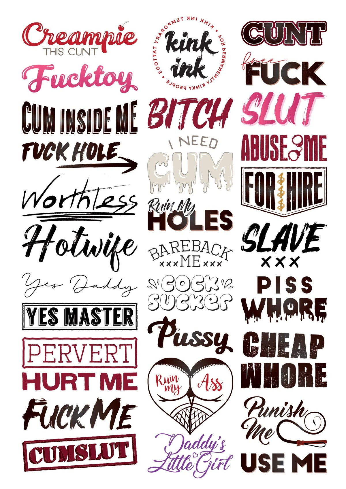 Kink Ink 30 temporary tattoos A4 sheet showcasing unique designs