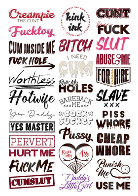 Kink Ink 30 temporary tattoos A4 sheet showcasing unique designs