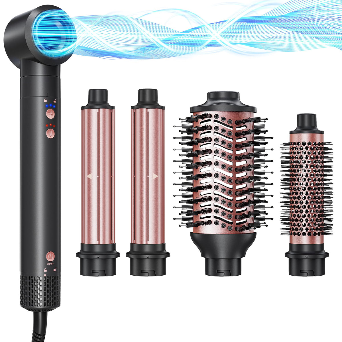 Kinked 5-in-1 Hot Air Styler Wrap front view with attachments