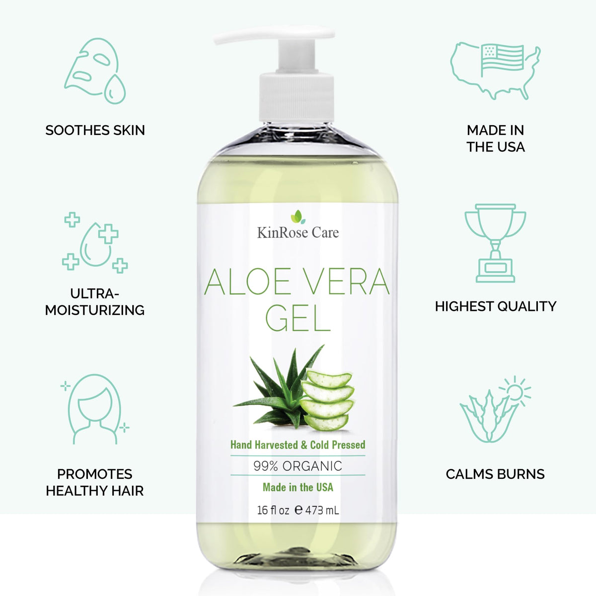 KinRose Care Aloe Vera Gel 16oz back view showing ingredients