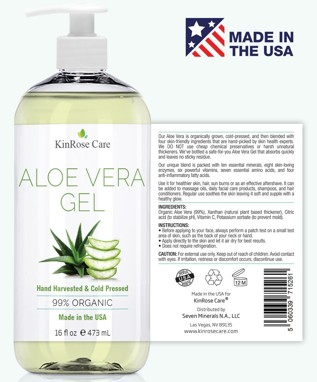 KinRose Care Aloe Vera Gel 16oz side view with pump