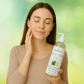 KinRose Care Aloe Vera Gel 16oz with aloe vera plant background