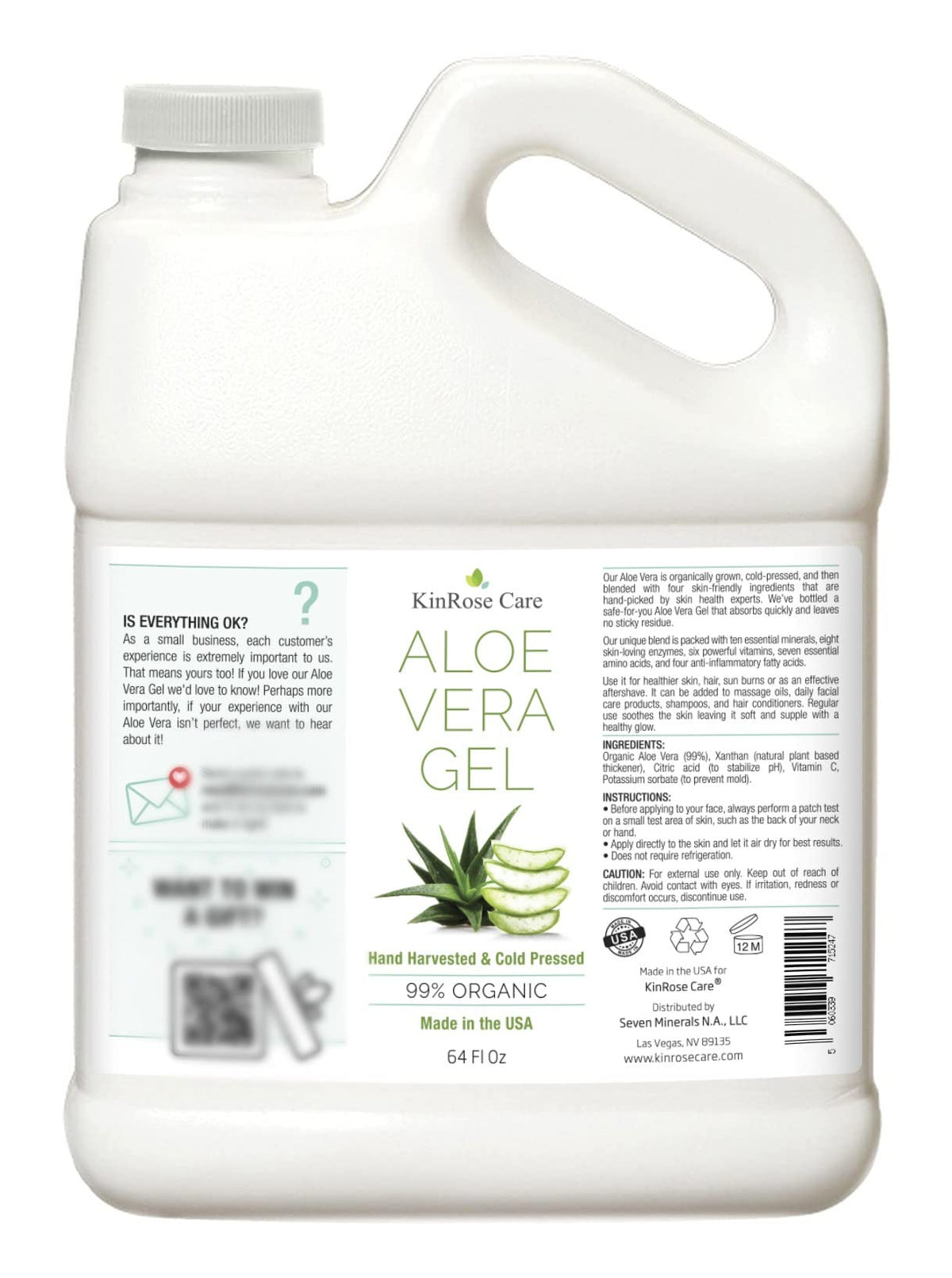 KinRose Care Aloe Vera Gel 64oz packaging details