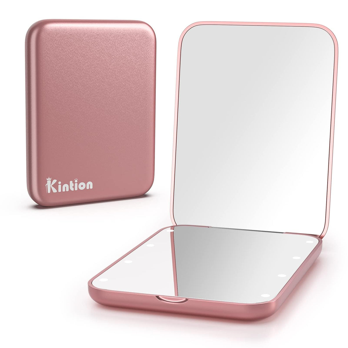 Kintion Pocket Mirror front view with LED lighting in rose gold