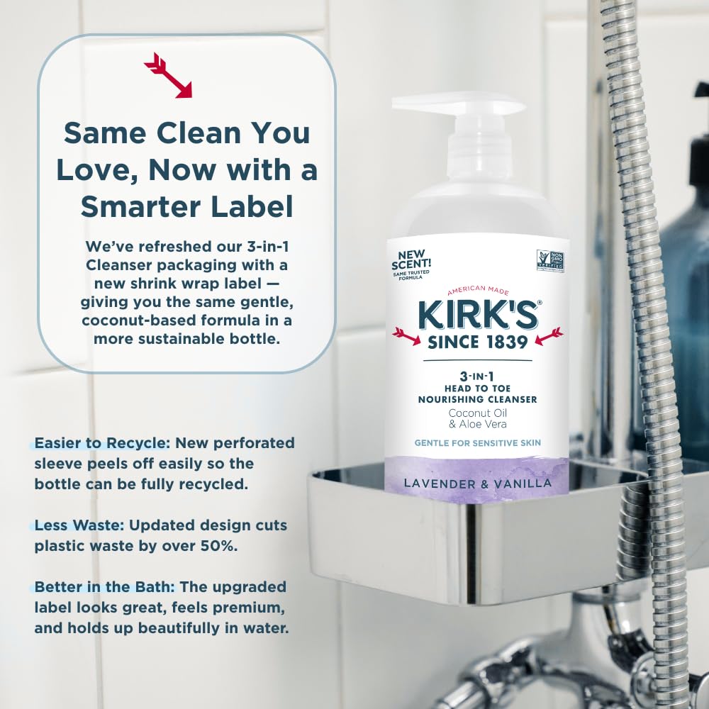 Kirk's 3-in-1 Head to Toe Nourishing Liquid Cleanser packaging details