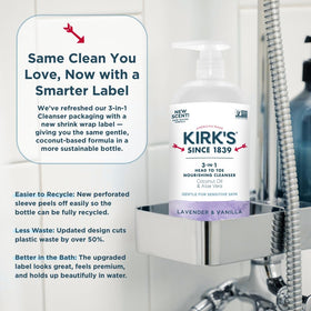 Kirk's 3-in-1 Head to Toe Nourishing Liquid Cleanser packaging details