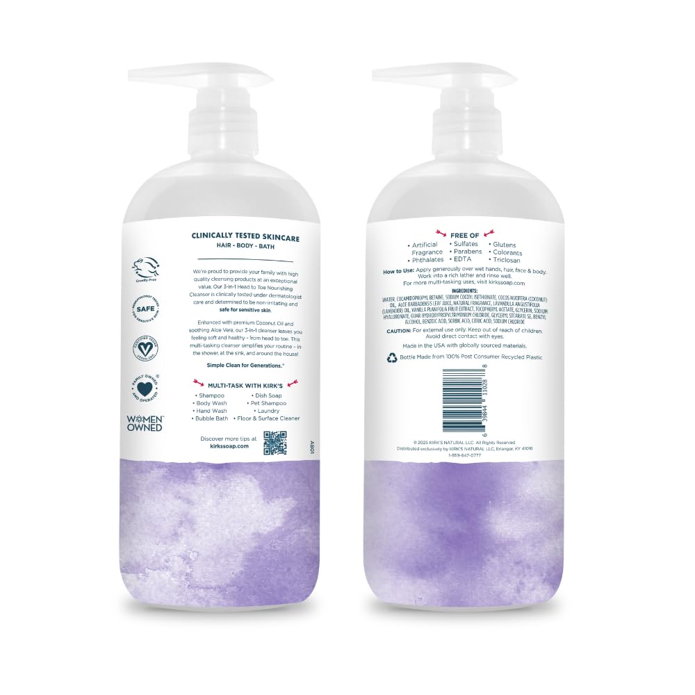 Kirk's 3-in-1 Head to Toe Nourishing Liquid Cleanser pump bottle side view