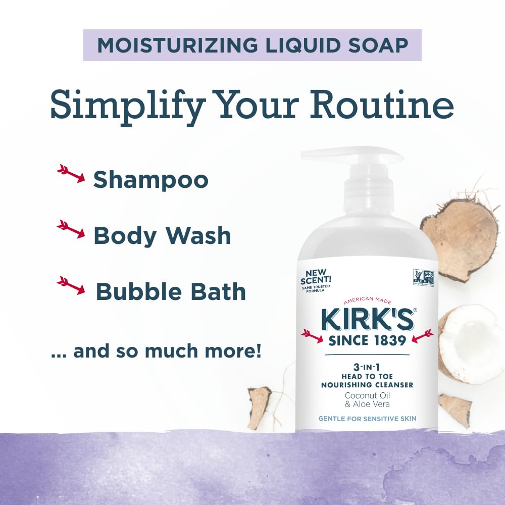 Kirk's 3-in-1 Head to Toe Nourishing Liquid Cleanser with coconut oil and aloe vera