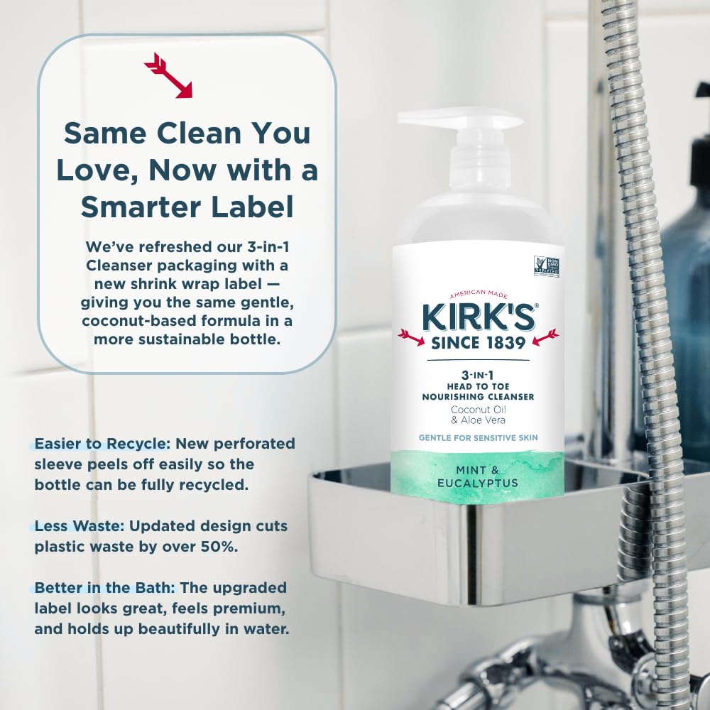 Kirk's 3-in-1 Nourishing Cleanser bottle with a family-friendly setting