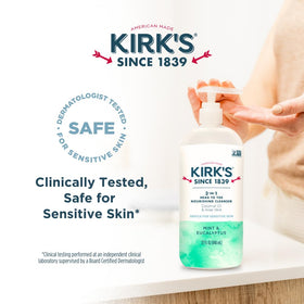 Kirk's 3-in-1 Nourishing Cleanser label showcasing mint and eucalyptus scent