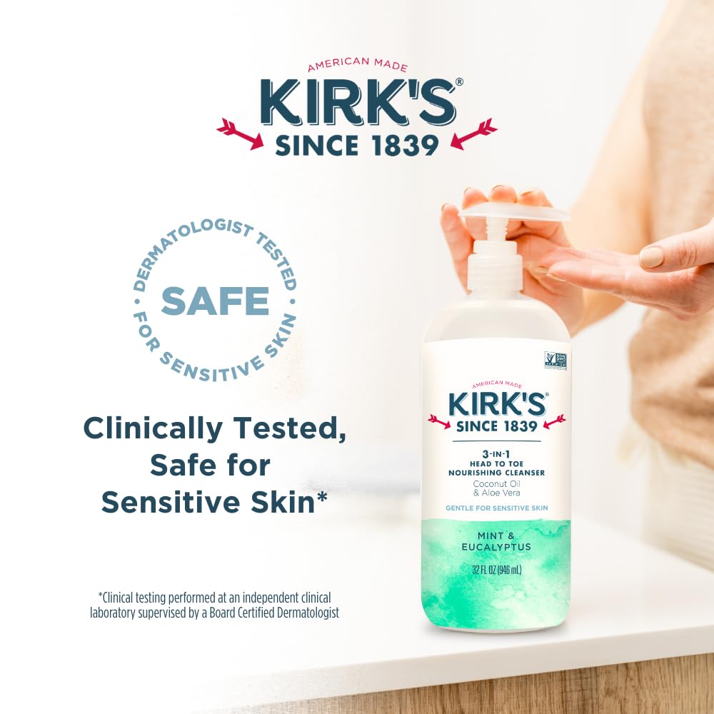 Kirk's 3-in-1 Nourishing Cleanser on a bathroom shelf