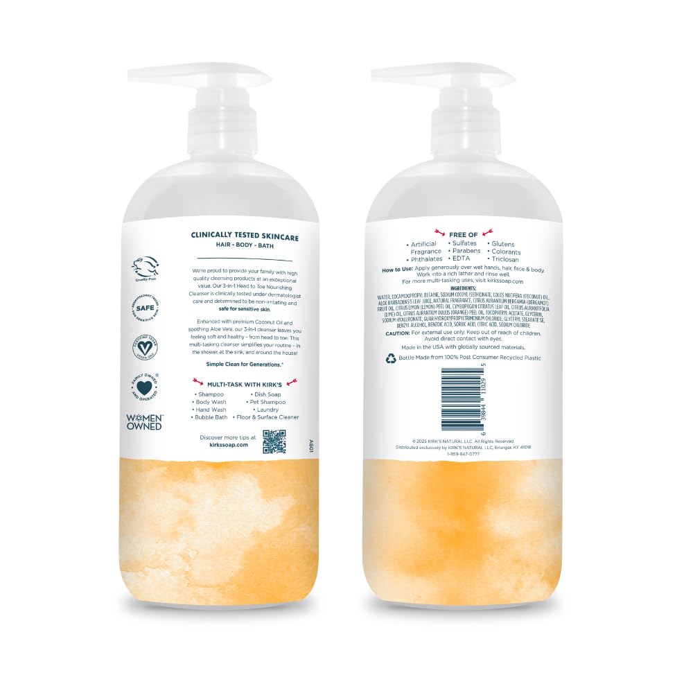 Kirk's 3-in-1 Nourishing Liquid Cleanser 32 Fl Oz pump bottle
