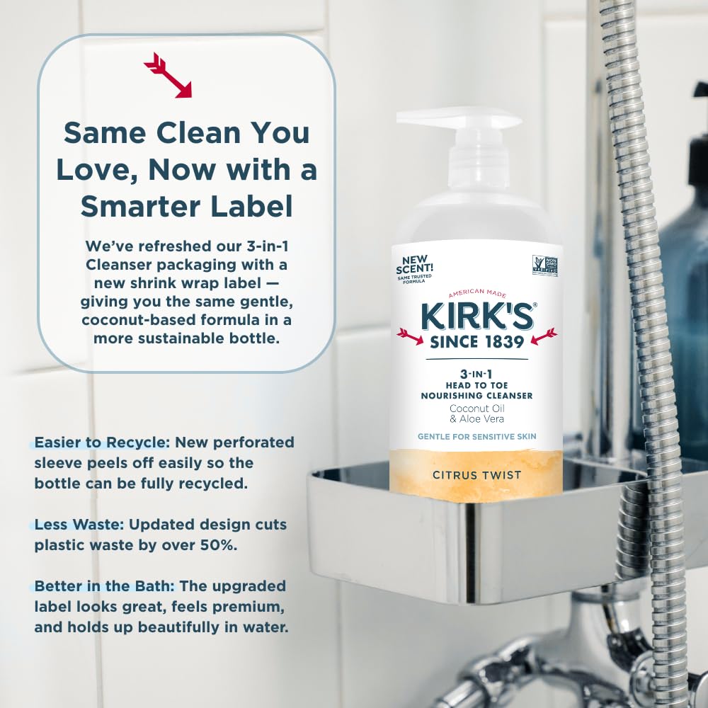 Kirk's 3-in-1 Nourishing Liquid Cleanser packaging details