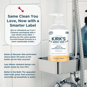 Kirk's 3-in-1 Nourishing Liquid Cleanser packaging details