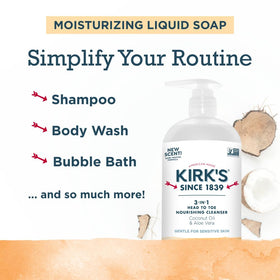 Kirk's 3-in-1 Nourishing Liquid Cleanser showing coconut oil and aloe vera ingredients