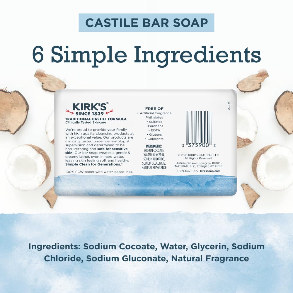Kirk's Castile Bar Soap displayed with natural ingredients