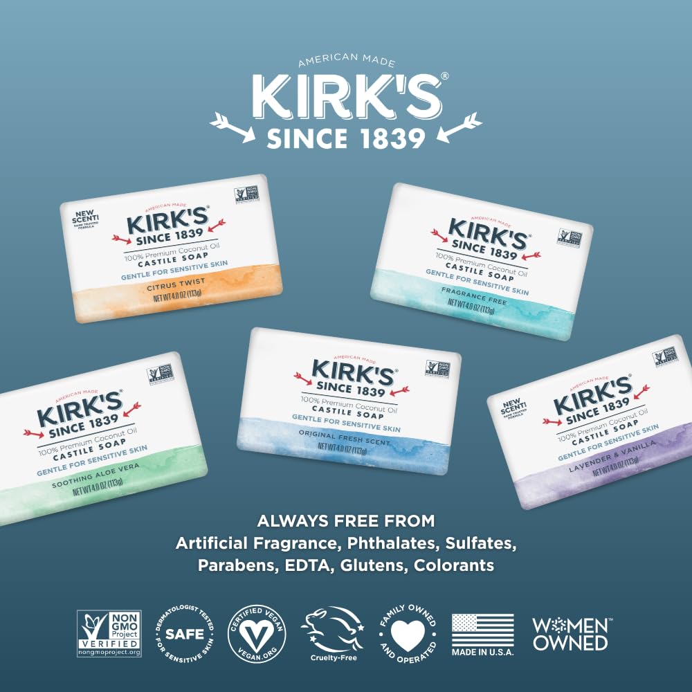 Kirk's Castile Bar Soap ingredients list on packaging