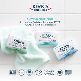 Kirk's Castile Bar Soap on a soap dish with water droplets