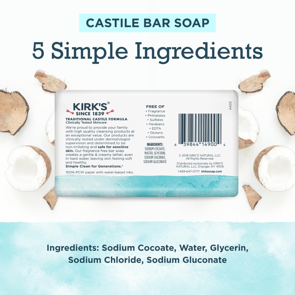 Kirk's Castile Bar Soap packaging with 48 bars
