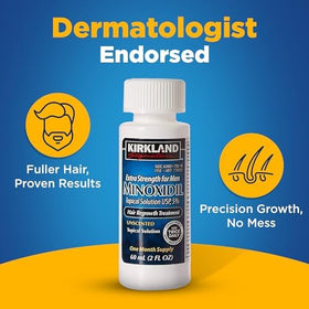 KIRKLAND Minoxidil for Men 5% bottle on a bathroom countertop