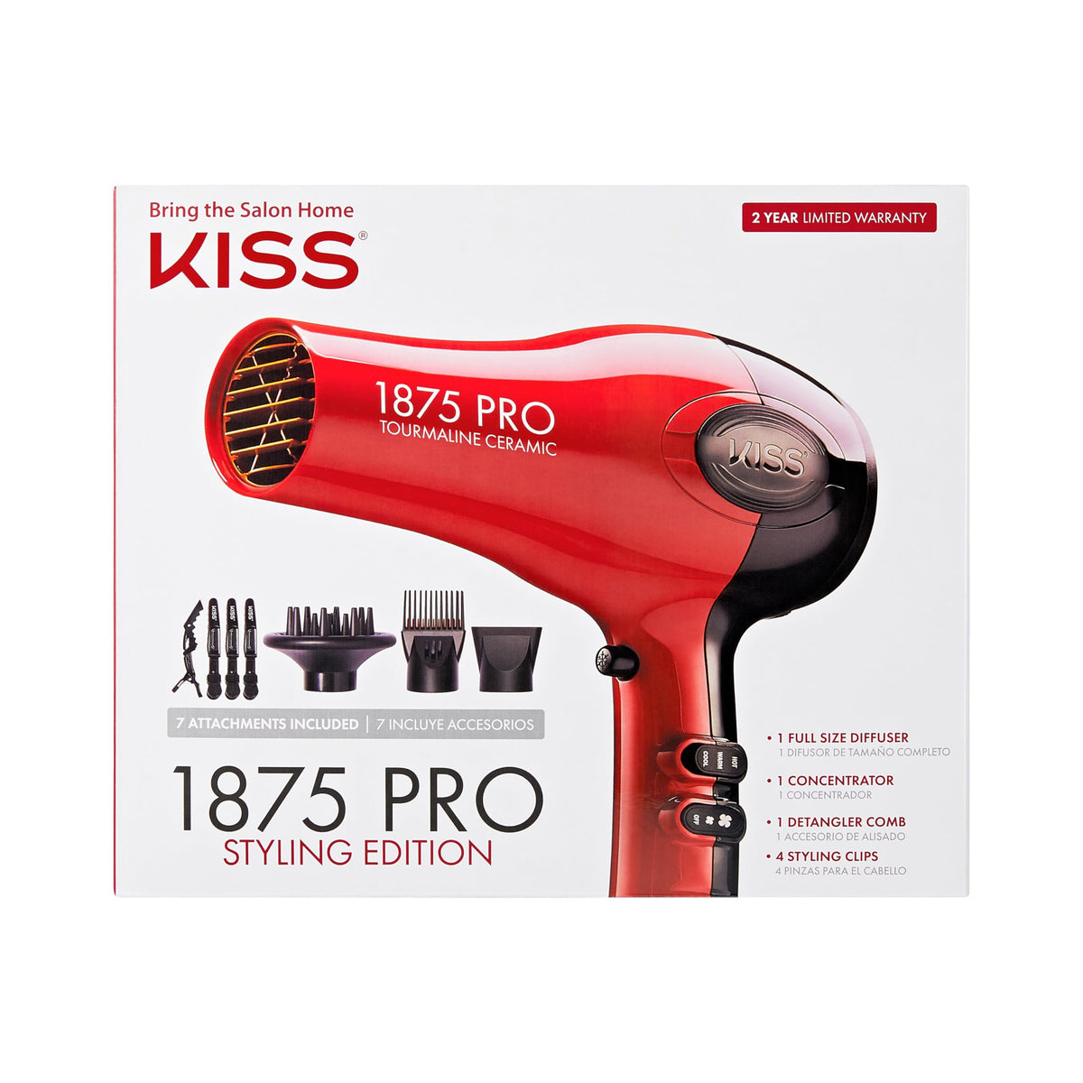 KISS 1875 Watt Pro Tourmaline Ceramic Hair Dryer front view in red