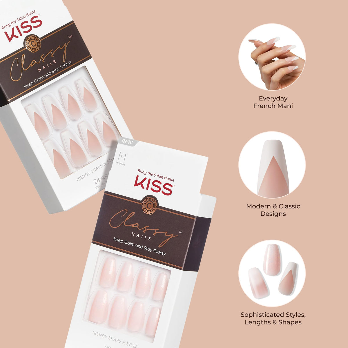 KISS Classy Fake Nails displayed with mini nail file and manicure stick