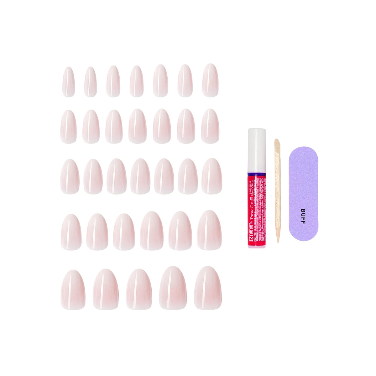 KISS Core Press On Nails 'Dulcet' pink displayed with manicure stick