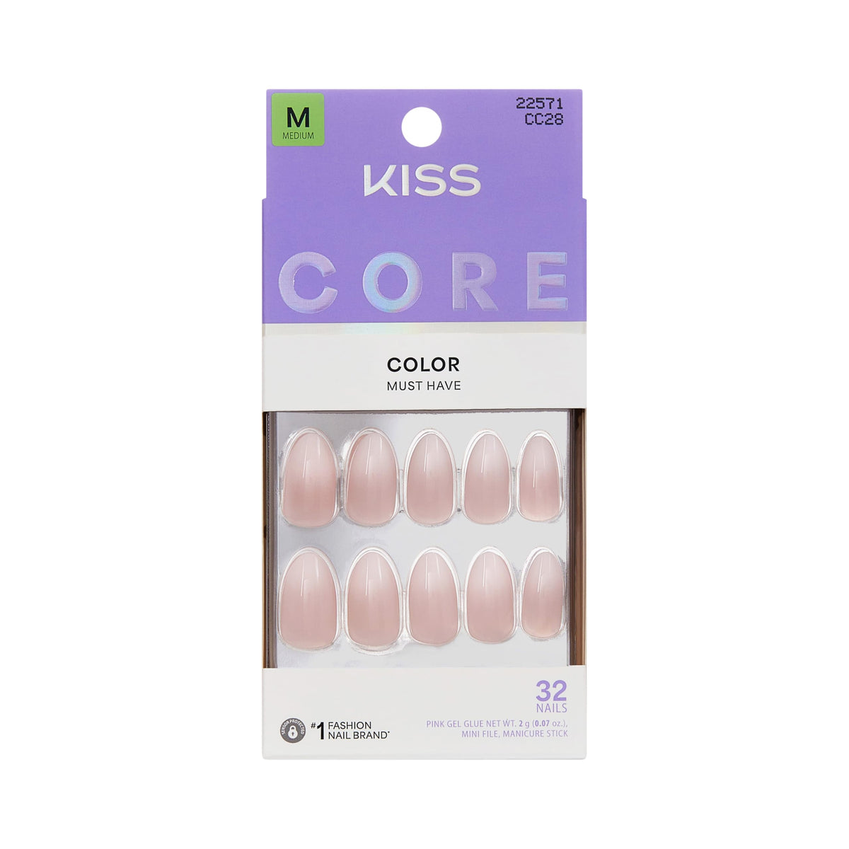 KISS Core Press On Nails 'Dulcet' pink front view with almond shape