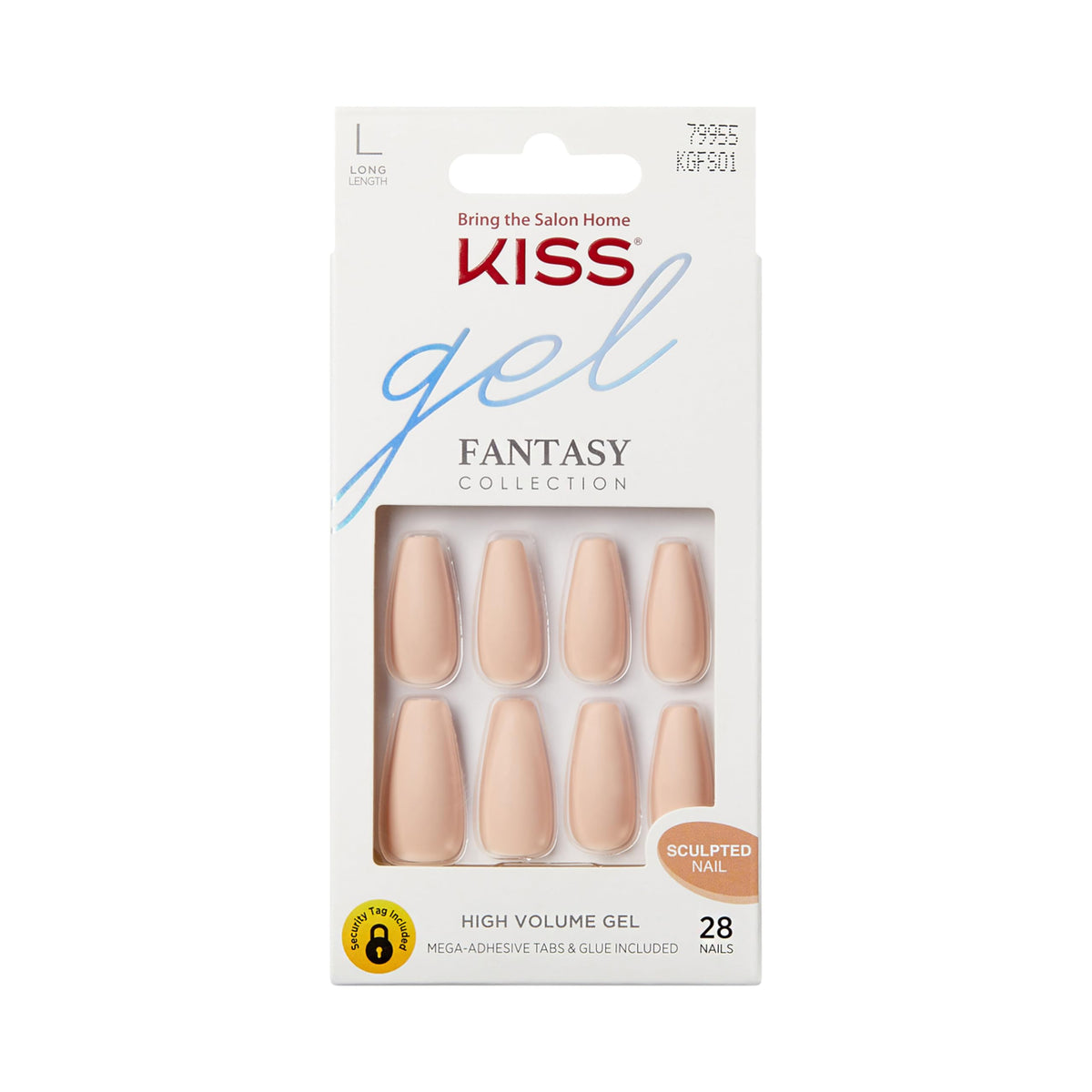KISS Gel Fantasy Press On Nails 28 count beige coffin shape front view