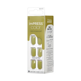 KISS Impress Color No Glue Mani olive green nails displayed