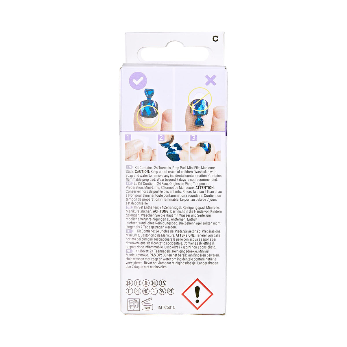 KISS Impress No Glue Pedi Press-On Toenails displayed with manicure tools