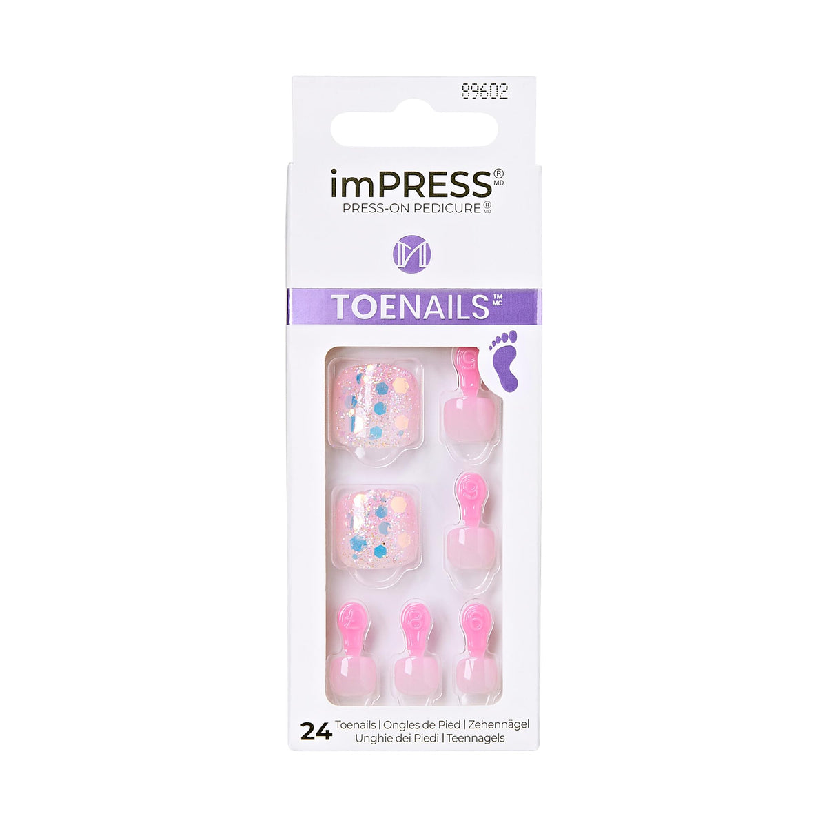 KISS Impress No Glue Pedi Press-On Toenails light pink glitter front view