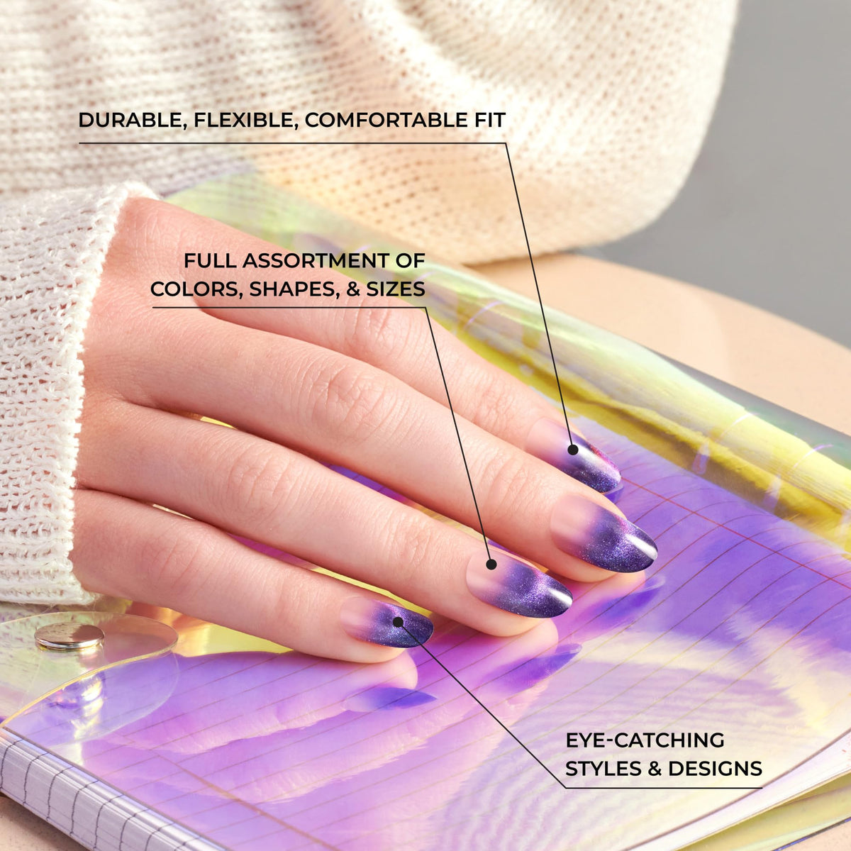 KISS Voguish Fantasy Press On Nails arranged showing different sizes