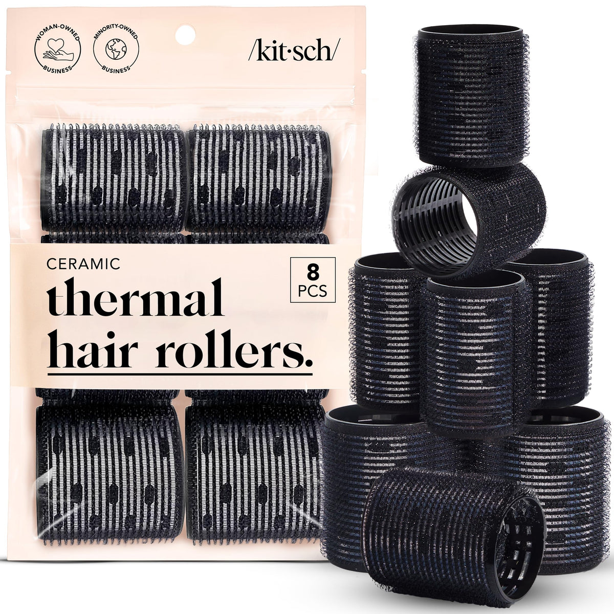 Kitsch Ceramic Hair Rollers pack of 8 in black
