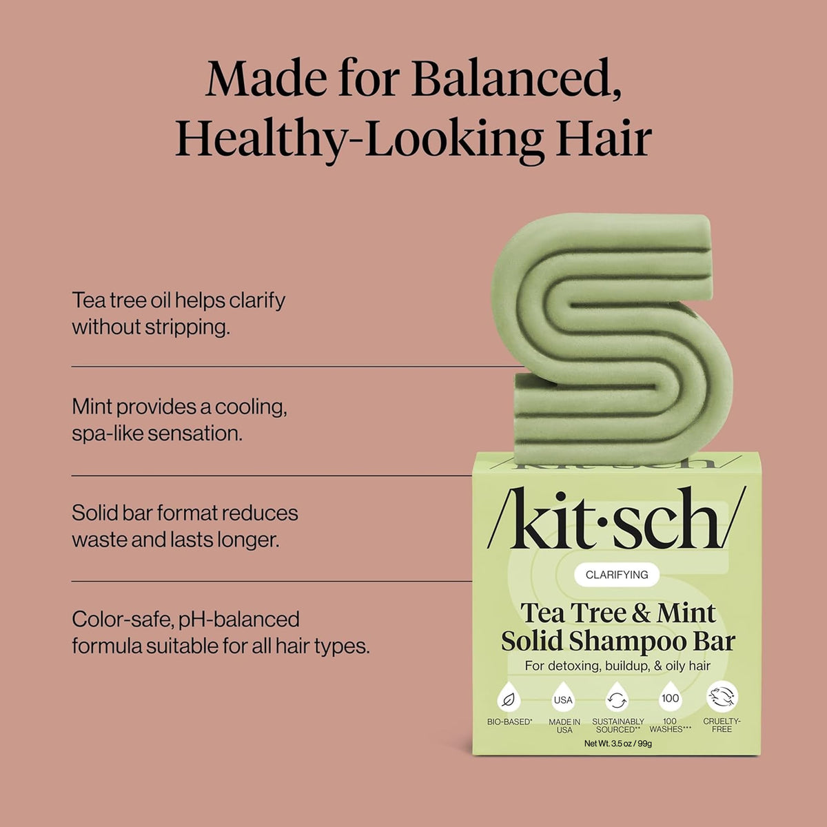 Kitsch Clarifying Tea Tree & Mint Shampoo Bar on a bathroom shelf