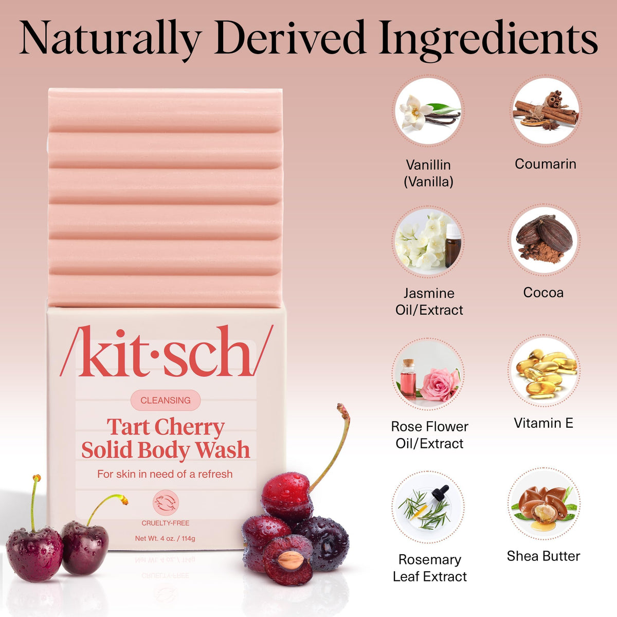 Kitsch Cleansing Tart Cherry Body Wash Bar Soap on a bathroom counter