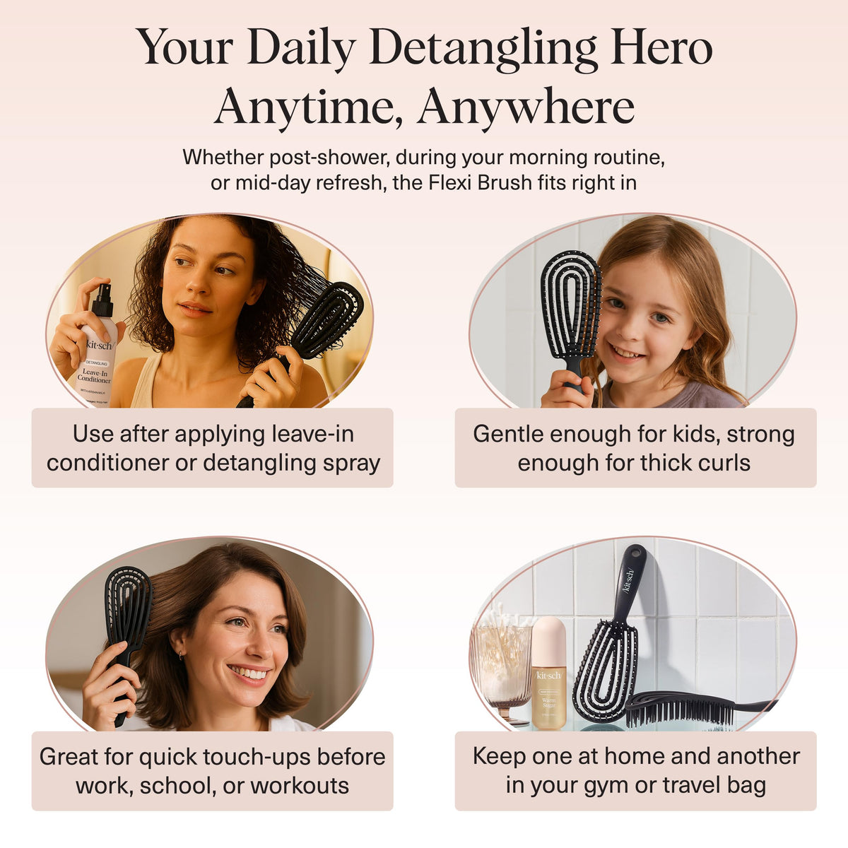 Kitsch Flexi Flow Detangler Brush on a bathroom counter