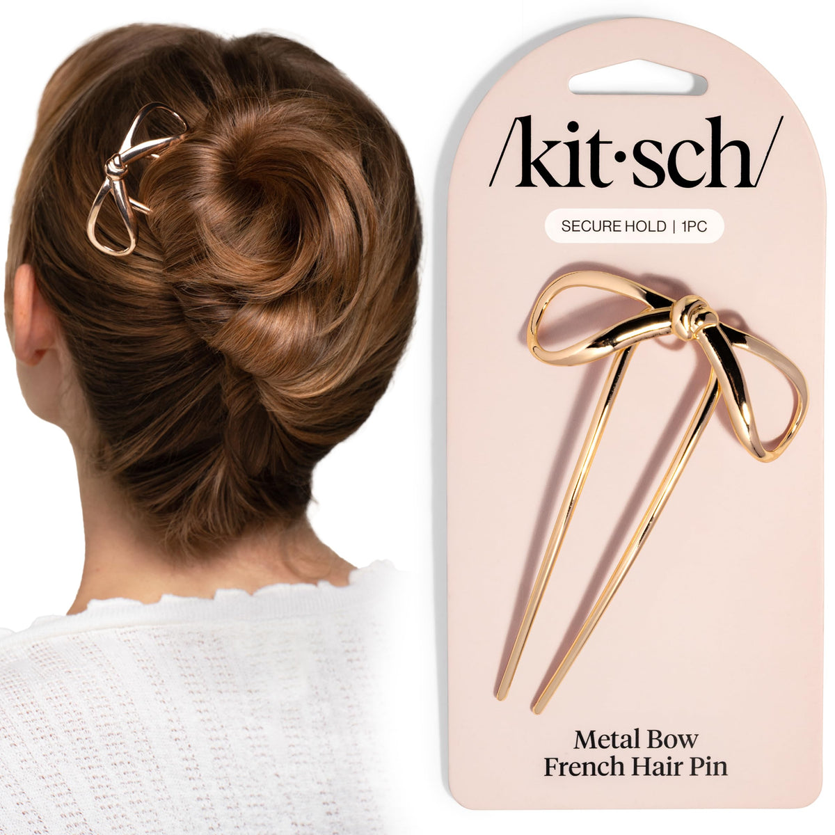Kitsch French Hair Pin gold bow design front view