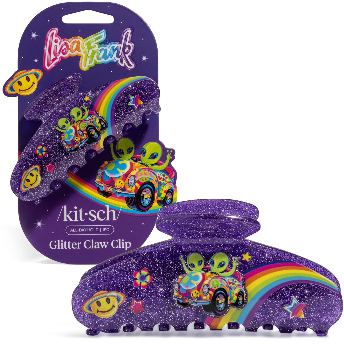 Kitsch Glitter Hair Clip featuring Lisa Frank design, purple with rainbow details
