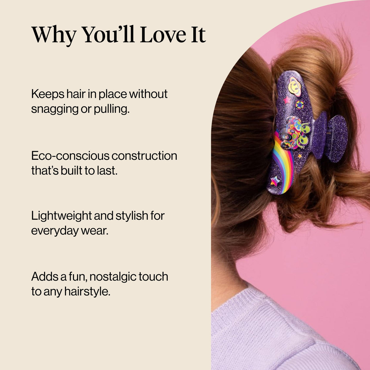 Kitsch Glitter Hair Clip in use, styled in a bun