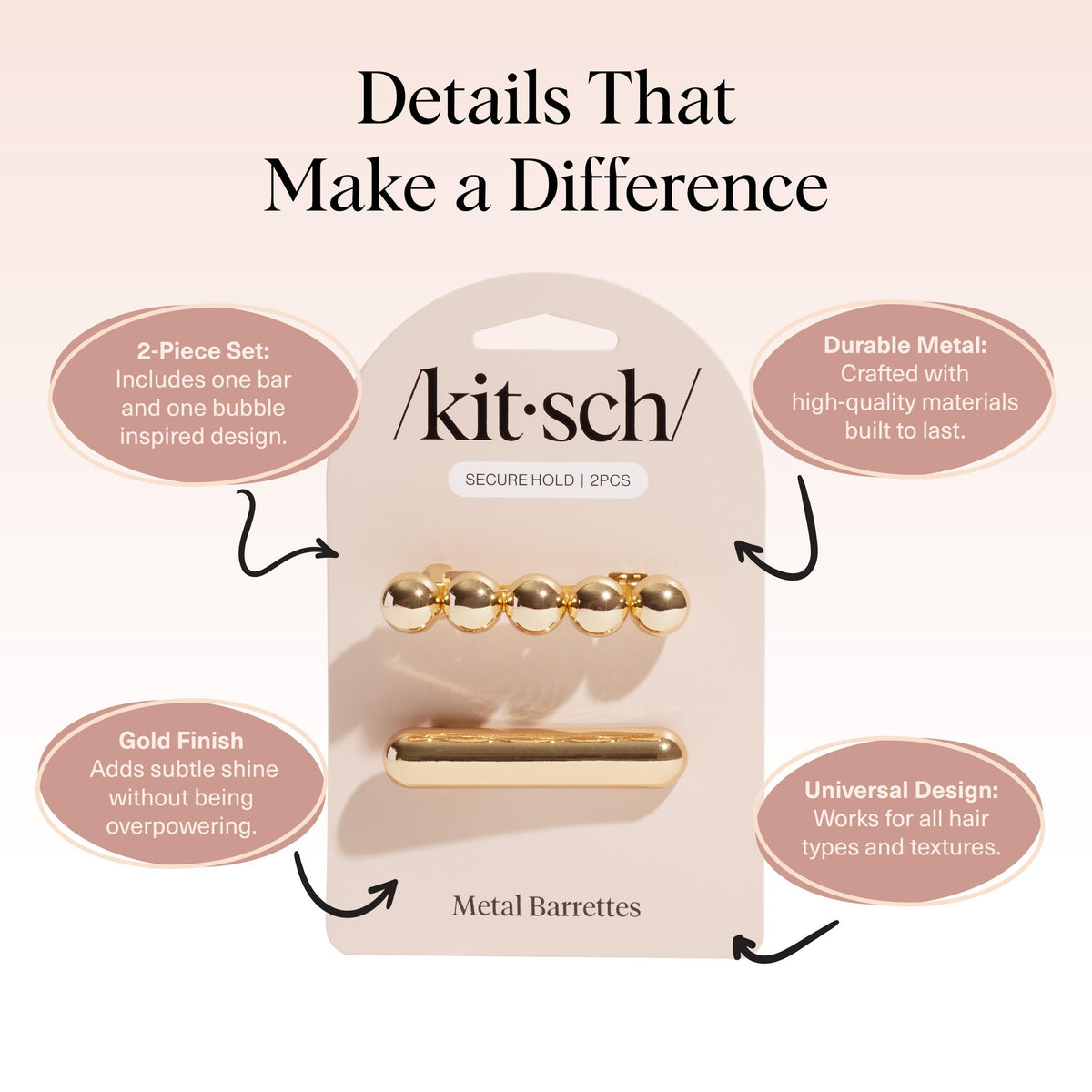 Kitsch Gold Hair Barrettes displayed on a flat surface