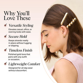 Kitsch Gold Hair Barrettes on a model's hair in casual setting